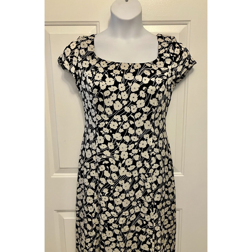 Garnet Hill Dress Sz 10‎ Black White Floral Maxi 100% Silk Women’s